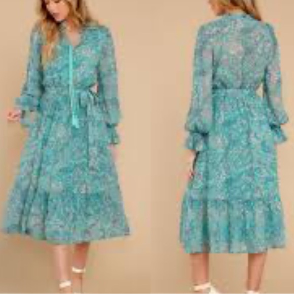 Turquoise modest floral paisley midi dress - Picture 2 of 8